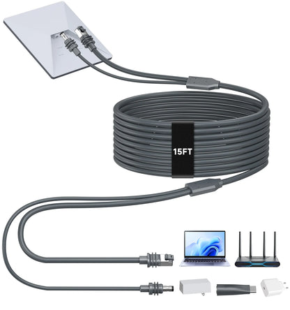 Black 2-in-2 Ethernet and USB-C connection cable, 5M, for Starlink Mini data transmission and fast charging in car electronics.