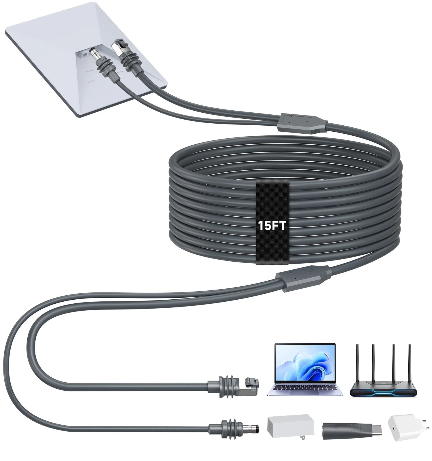 Black 2-in-2 Ethernet and USB-C connection cable for Starlink Mini, 5M long, used for fast charging and data transfer in car electronics.