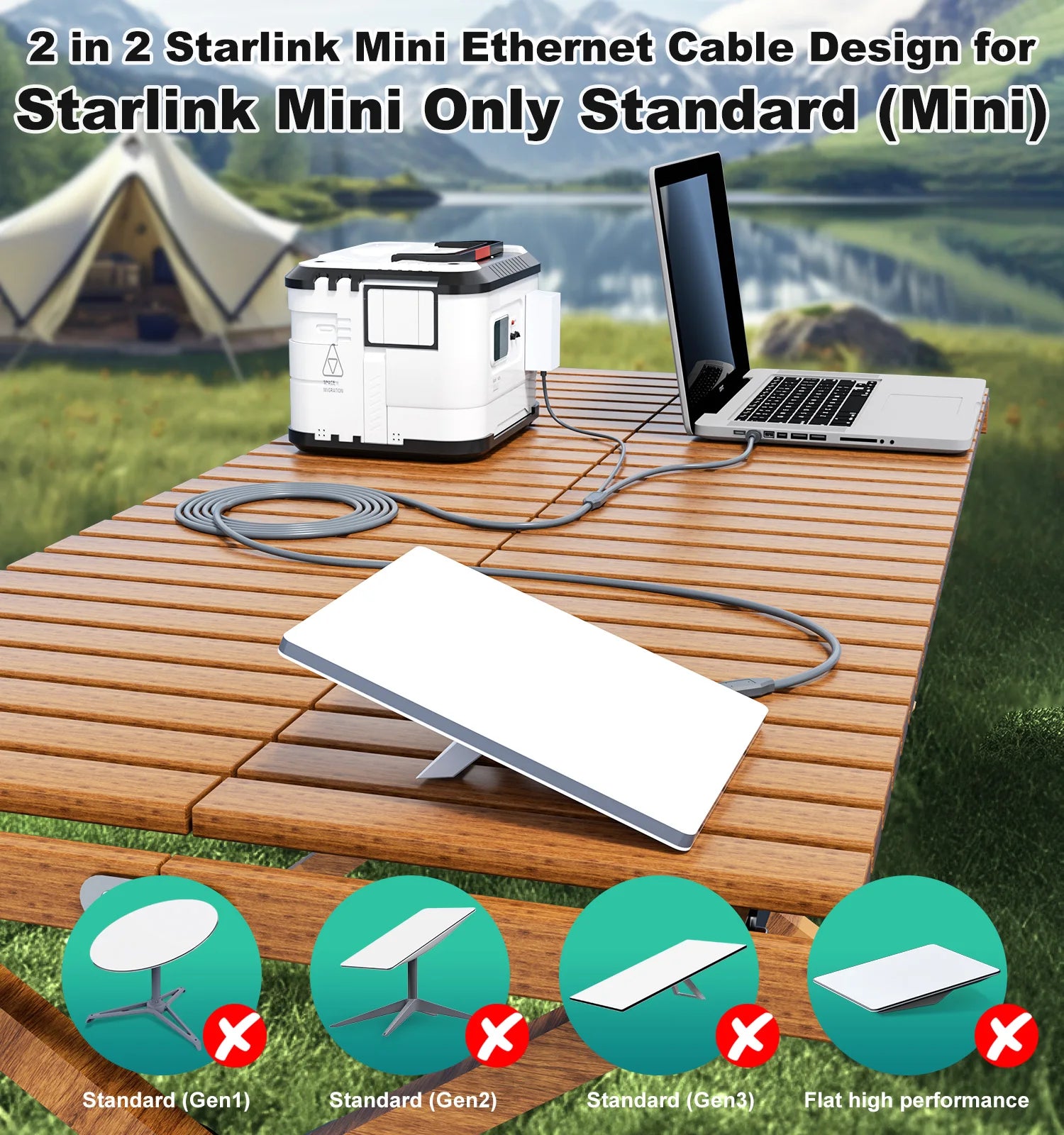 Black 2-in-2 Ethernet and USB-C connection cable, 5m, for Starlink Mini data transmission and fast charging in car electronics.