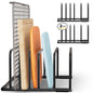 Black SAGLAU heavy-duty 5-slot cutting board organizer rack for kitchen storage of cutting boards, bakeware, and cookie sheets.
