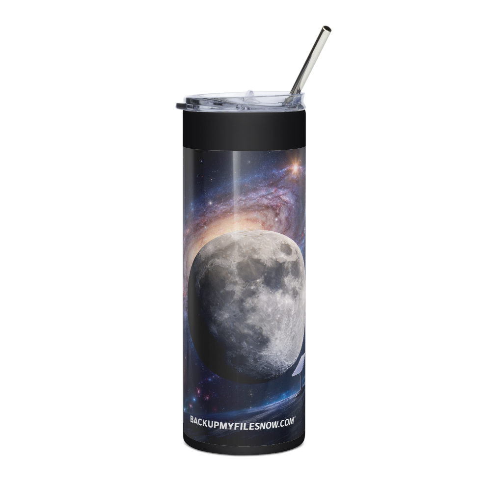 Black 20 oz stainless steel tumbler by BACKUPMYFILESNOW.COM® with a sleek, insulated design for hot or cold beverages.