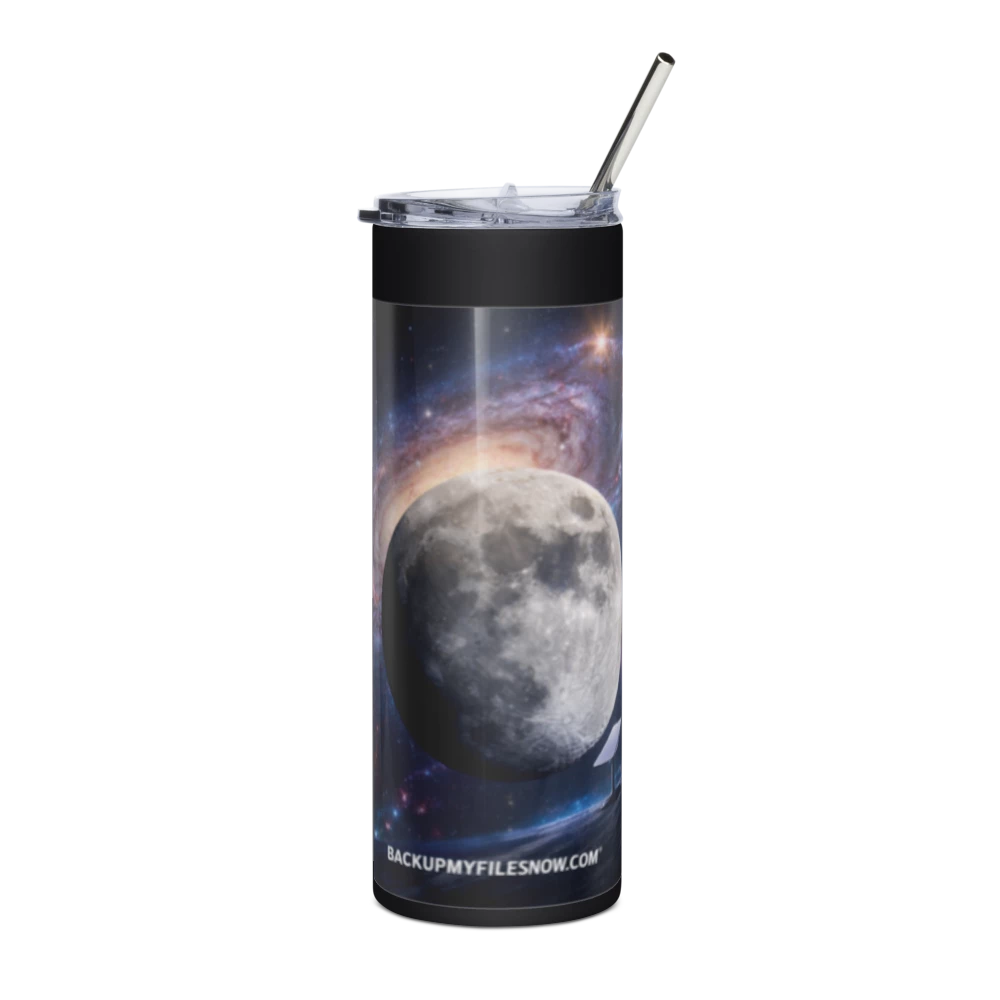 Black 20 oz stainless steel tumbler by BACKUPMYFILESNOW.COM® with a sleek design and insulated body for hot and cold drinks