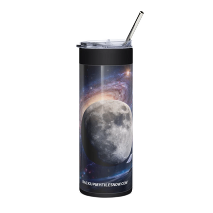 Black 20 oz stainless steel tumbler by BACKUPMYFILESNOW.COM® with a sleek design and insulated body for hot and cold drinks