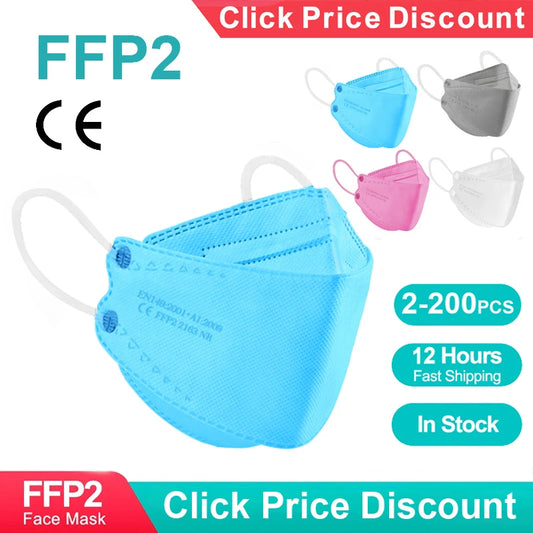 Black FFP2 and KN95 protective face masks featuring a fish mouth design, approved for safety and filtration.