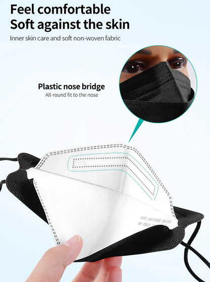 Black FFP2 and KN95 protective face masks, fish mouth design, approved masks for personal safety, 200-pack.