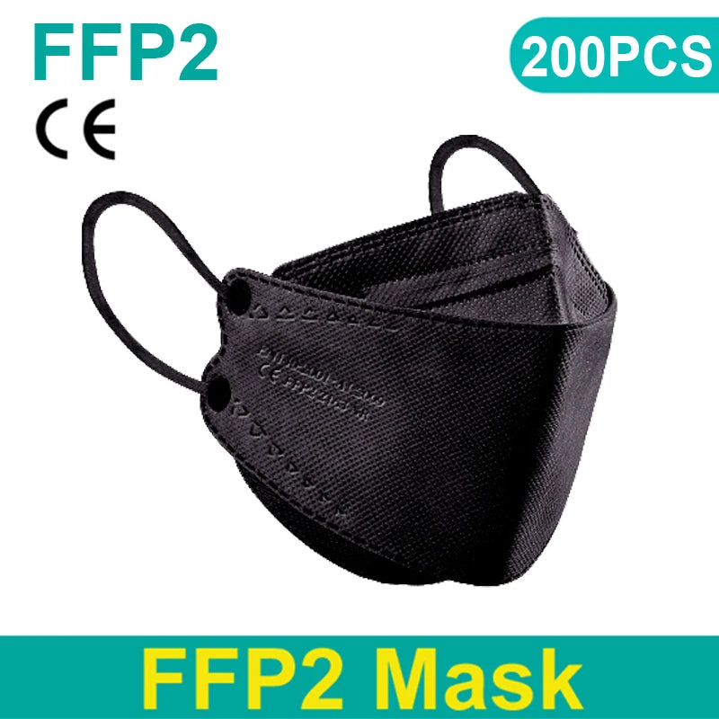 Black FFP2 KN95 masks with fish mouth design, protective face masks, approved for safety, 200-pack for personal protection.