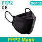 Black FFP2 KN95 masks with fish mouth design, protective face masks, approved for safety, 200-pack for personal protection.