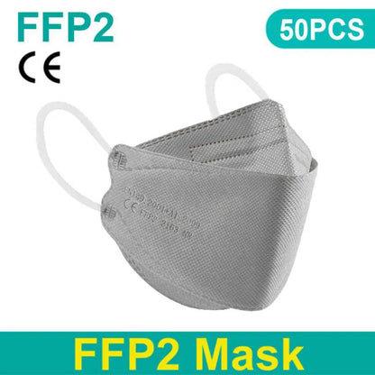 Black FFP2 KN95 face masks with fish mouth design, protective masks for respiratory safety, shown in a pack of 200.