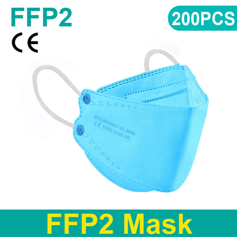 Black FFP2 KN95 masks with fish mouth design, protective face masks for respiratory safety, shown in a box of 200.