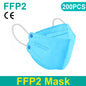 Black FFP2 KN95 masks with fish mouth design, protective face masks for respiratory safety, shown in a box of 200.