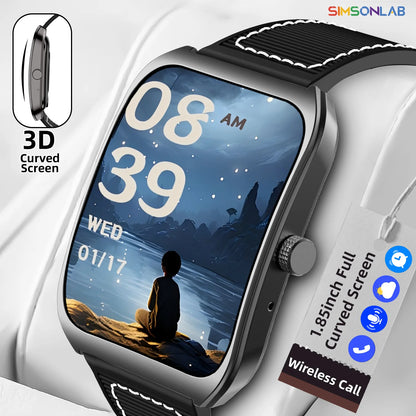 Black 2025 BackupMyFilesNow.com smart watch with 1.85-inch curved screen, Bluetooth 5.4, heart rate, sleep monitoring, and remote camera.