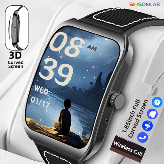 Black 2025 BackupMyFilesNow.com smart watch with 1.85-inch curved screen, Bluetooth 5.4, heart rate, sleep monitoring, and remote camera.