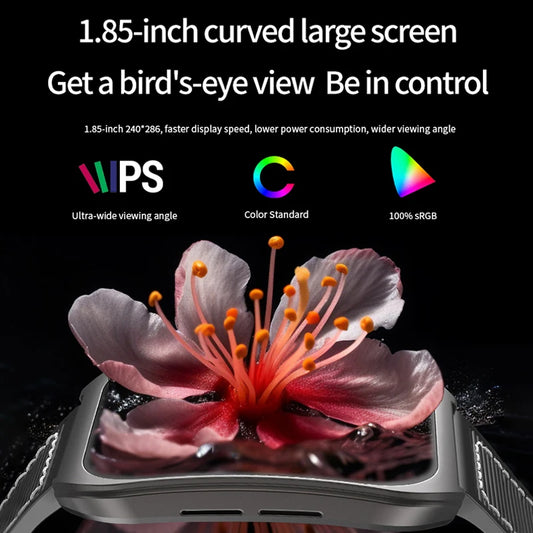 Black 2025 Smart Watch with 1.85-inch curved screen, Bluetooth 5.4, wireless call, music control, heart rate, sleep monitor, remote camera