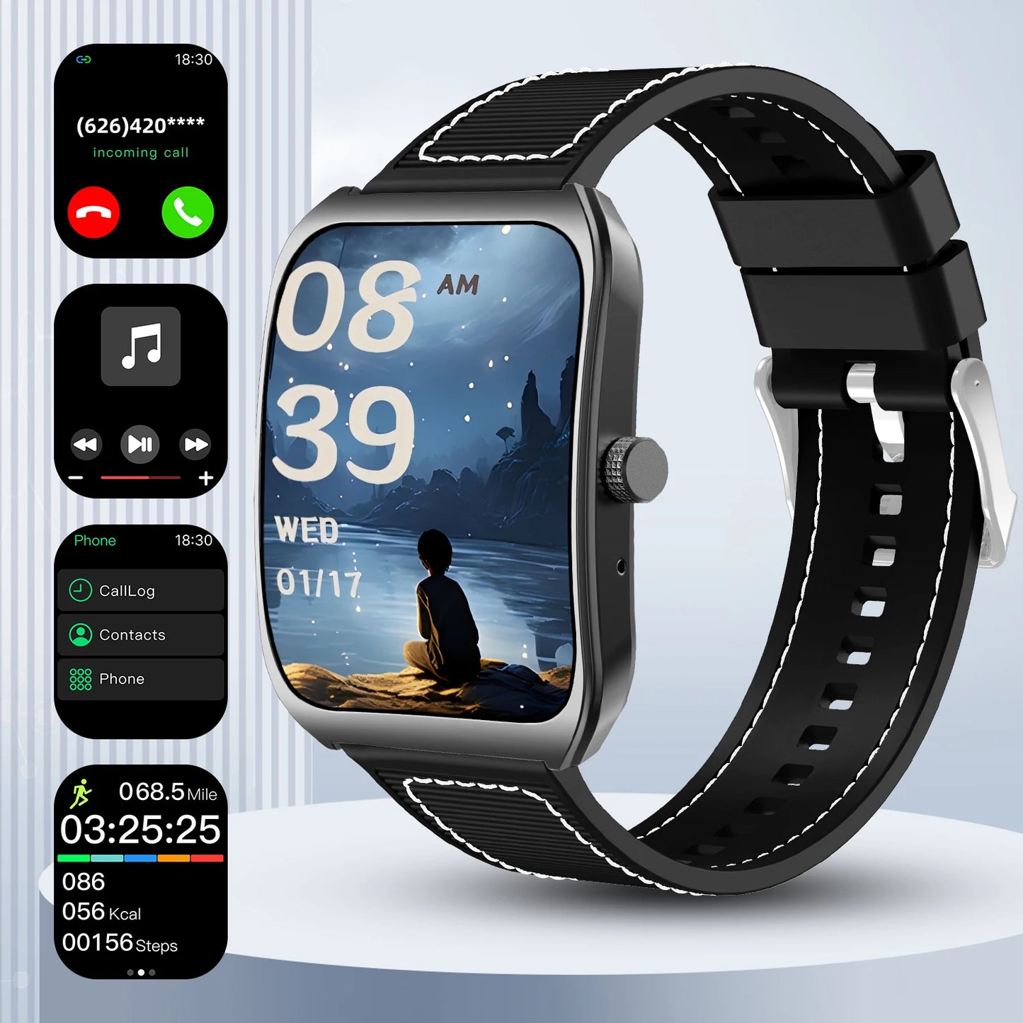 Black 2025 Smart Watch with 1.85-inch curved screen, Bluetooth 5.4, fitness tracking, sleep monitor, and remote camera for men.