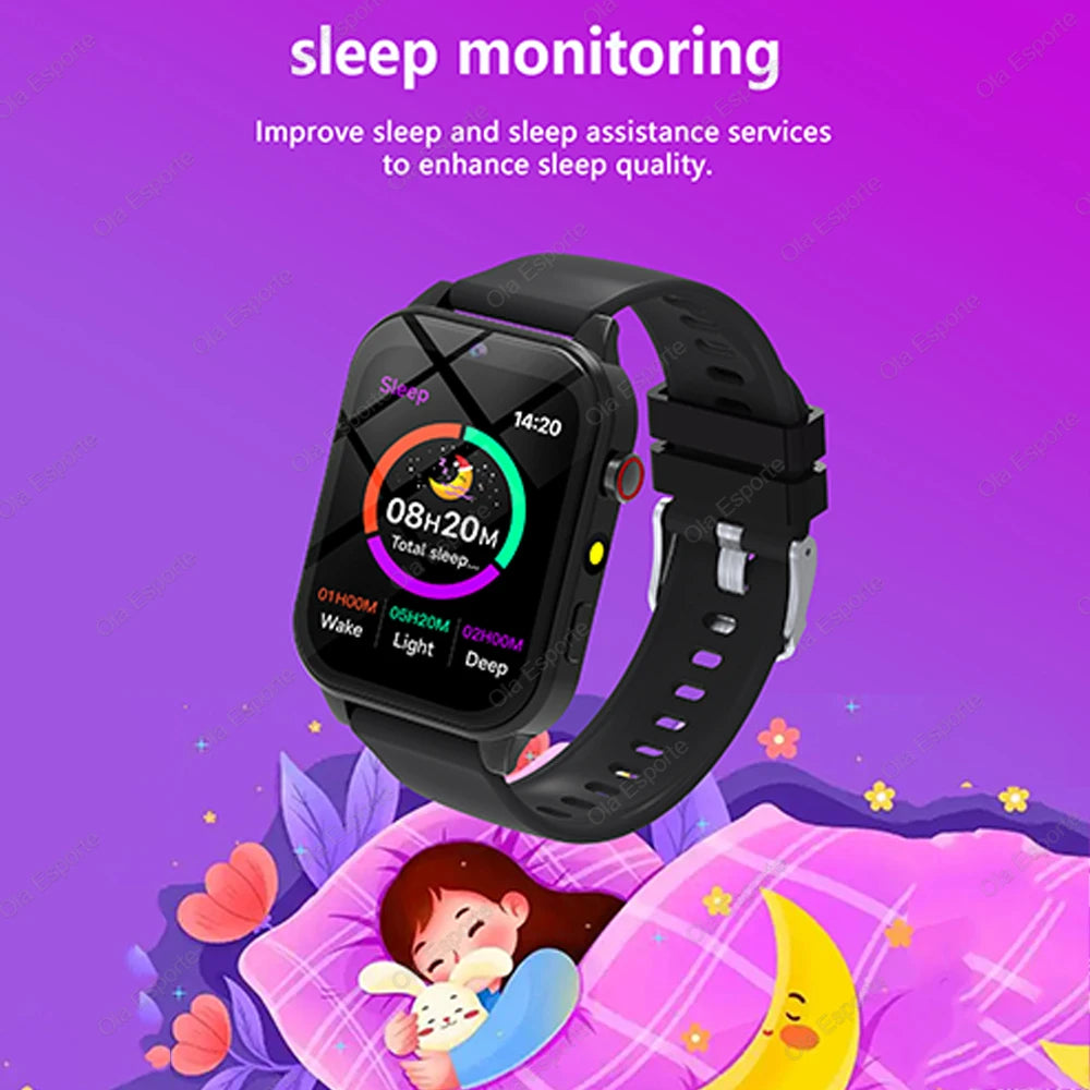 Black 2025 smart watch for children featuring HD touch screen, camera, 18 games, sleep monitor, alarm clock, and calculator.