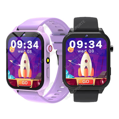 Black 2025 smart watch for children with HD touch screen, camera, multiple games, sleep monitor, alarm clock, and calculator features.
