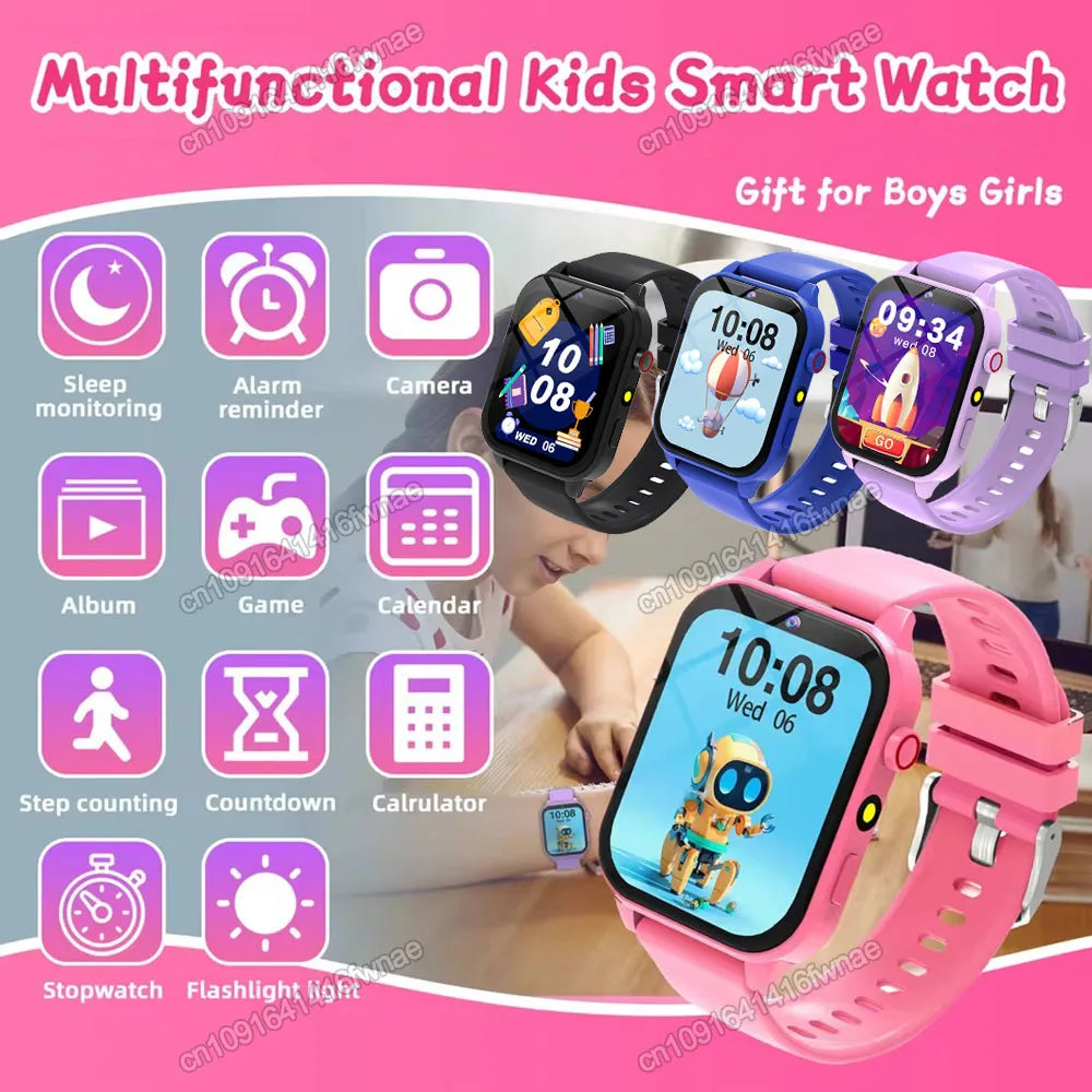 Black 2025 smart watch for children with HD touch screen, camera, 18 games, sleep monitoring, alarm clock, calculator, suitable for boys and girls
