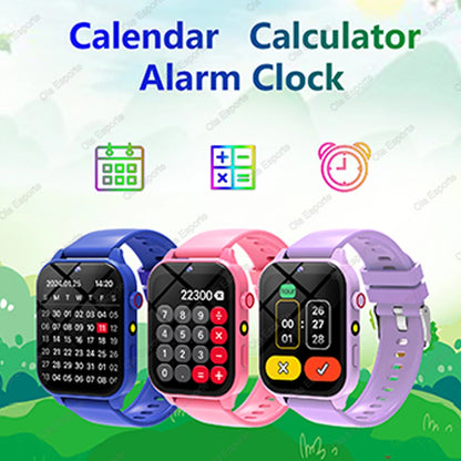 Black 2025 smart children's watch with HD touch screen, camera, 18 games, sleep monitor, alarm clock, and calculator.