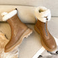 Black women's genuine leather patchwork winter ankle snow boots with front zipper, thick sole, platform, and rugged clod weather design.