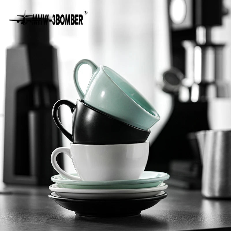 Black ceramic coffee cup with matching saucer, 280ml size, suitable for lattes, espresso, and tea, part of BackupMyFilesNow.com coffee accessories.