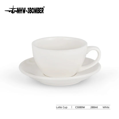 Black ceramic 280ml MHW-3BOMBER coffee cups with saucers, ideal for lattes, espresso, and tea, perfect for kitchen or bar use.