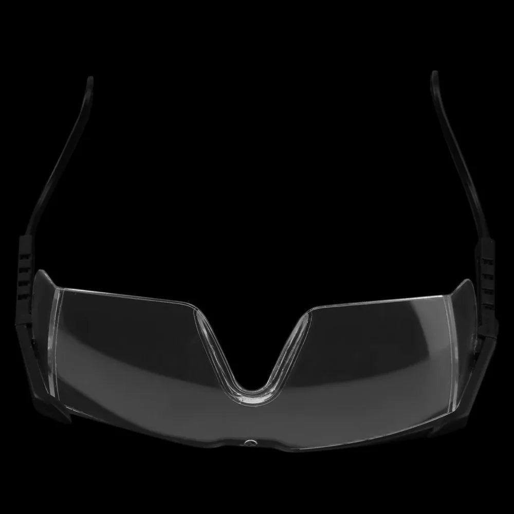 Pair of black anti-splash safety glasses from BACKUPMYFILESNOW.COM® with protective lenses for lab, industrial, wind, dust, and cycling use.