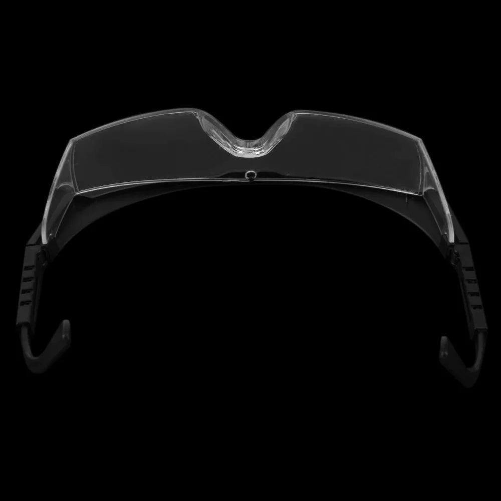 Pair of black anti-splash safety glasses from BACKUPMYFILESNOW.COM® with protective lenses for lab, industrial, and cycling use.