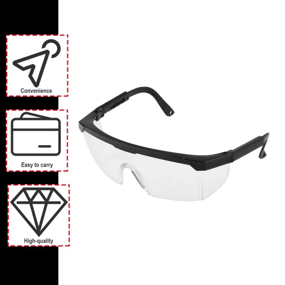 Black anti-splash safety glasses with protective lenses for lab work, industrial use, wind, dust, and cycling protection.