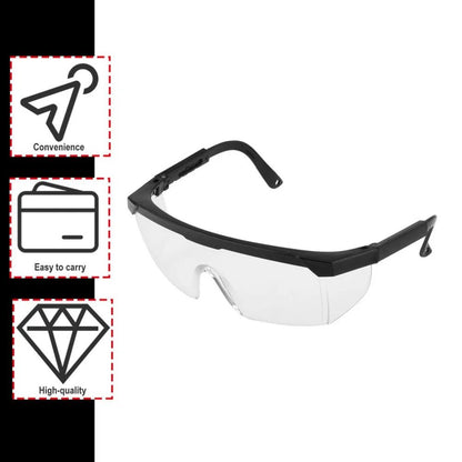 Black anti-splash safety glasses with protective lenses for lab work, industrial use, wind, dust, and cycling protection.