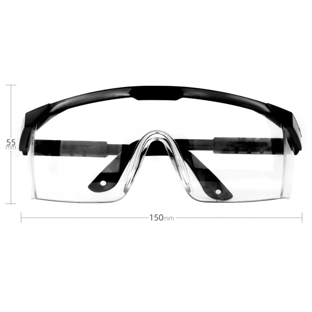 Pair of black anti-splash safety glasses from BACKUPMYFILESNOW.COM®, industrial protective goggles for lab, work, and cycling use.