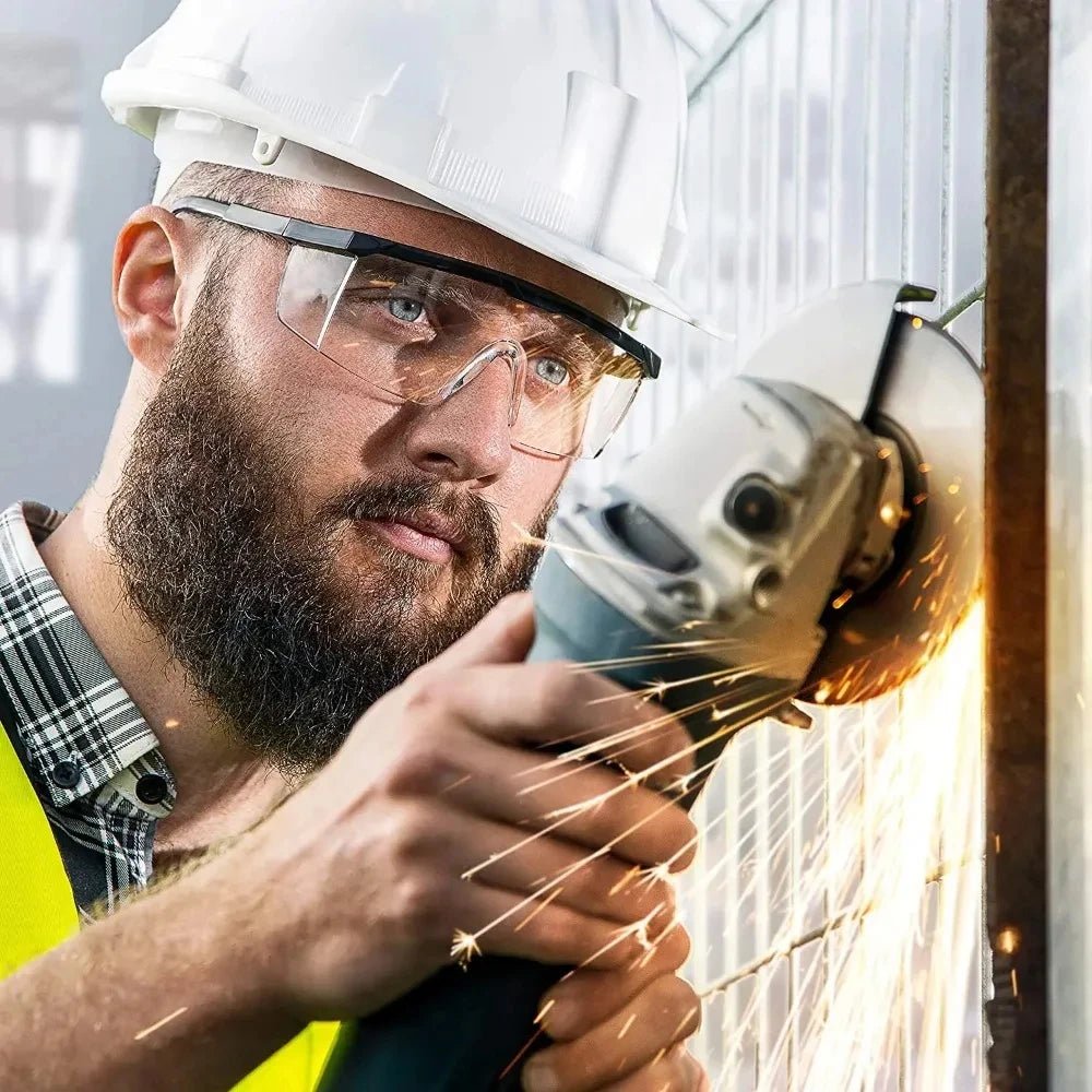Black anti-splash safety glasses by BACKUPMYFILESNOW.COM®, protective lab goggles for industrial, dust, wind, and cycling use.