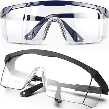Pair of black BACKUPMYFILESNOW.COM® anti-splash safety glasses with protective lenses for lab, industrial, and cycling use.