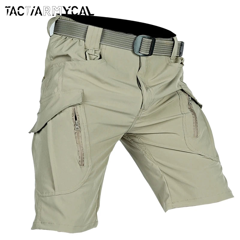 Black men's cargo shorts from BACKUPMYFILESNOW.COM®, quick-dry tactical shorts with multiple pockets, knee length for outdoor activities.