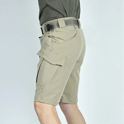 Black men's cargo shorts from BACKUPMYFILESNOW.COM®, quick-dry tactical shorts with multiple pockets, knee length for outdoor activities.