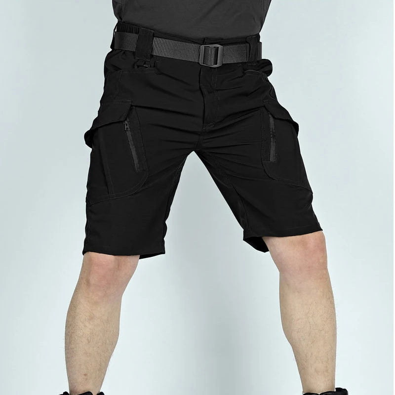 Black men's cargo shorts by BACKUPMYFILESNOW.COM®, quick-dry tactical shorts with multiple pockets, knee-length for outdoor hunting and fishing.