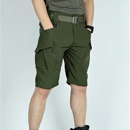 Black men's cargo shorts from BACKUPMYFILESNOW.COM®, quick-dry tactical shorts with multiple pockets, knee-length for outdoor activities.