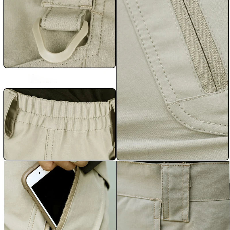 Black men's cargo shorts from BACKUPMYFILESNOW.COM® with quick-dry fabric, multiple pockets, knee length, ideal for outdoor hunting and fishing.
