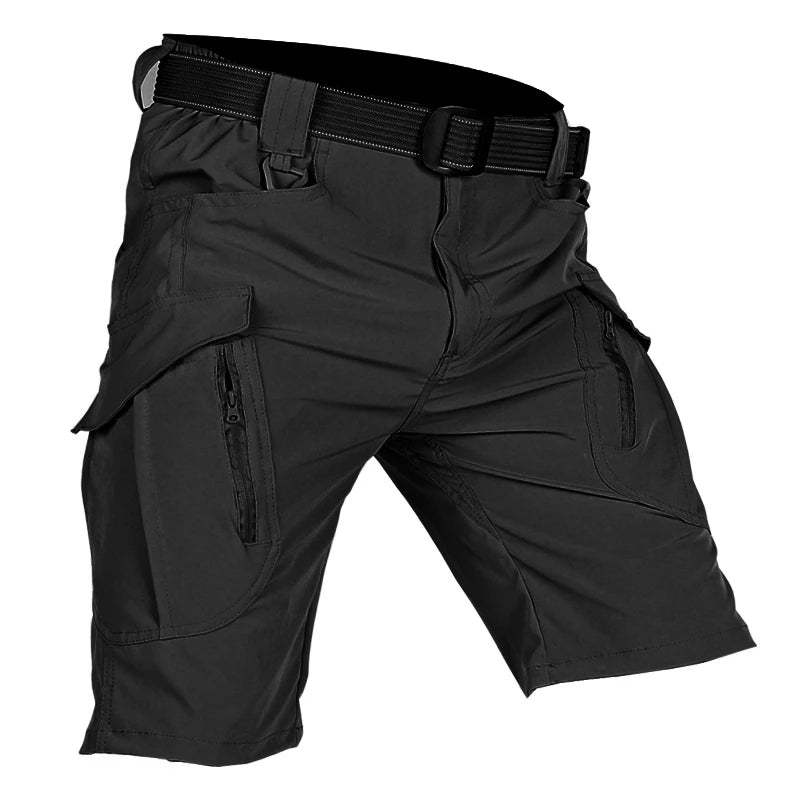 Black men's cargo shorts from BACKUPMYFILESNOW.COM®, quick-dry tactical shorts with multiple pockets, knee-length outdoor hunting and fishing pants.