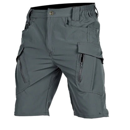 Black men's cargo shorts from BACKUPMYFILESNOW.COM®, quick-dry tactical shorts with multiple pockets, knee length for outdoor activities.
