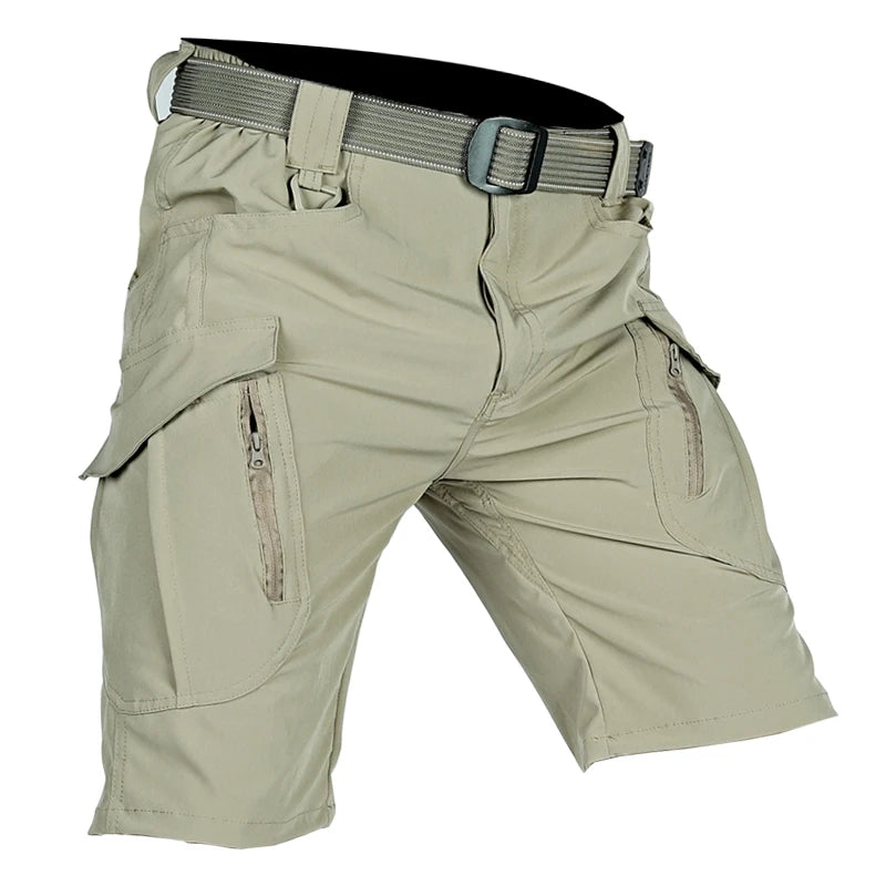 Black men's cargo shorts with multiple pockets, quick-dry tactical design, knee length for outdoor hunting and fishing activities.