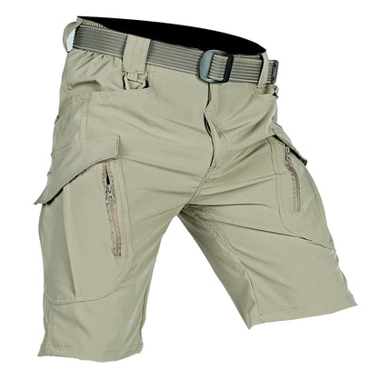 Black men's cargo shorts with multiple pockets, quick-dry tactical design, knee length for outdoor hunting and fishing activities.