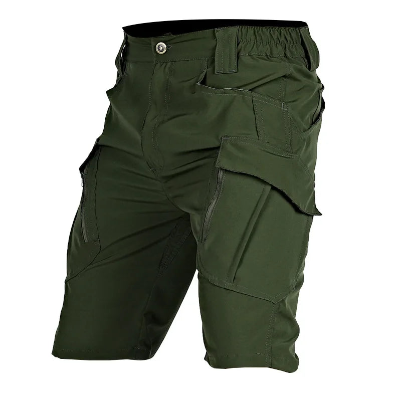 Black men's cargo shorts by BACKUPMYFILESNOW.COM, quick-dry tactical shorts with multiple pockets, knee length for outdoor activities.