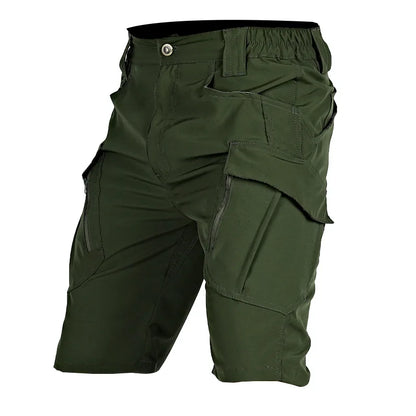 Black men's cargo shorts by BACKUPMYFILESNOW.COM, quick-dry tactical shorts with multiple pockets, knee length for outdoor activities.