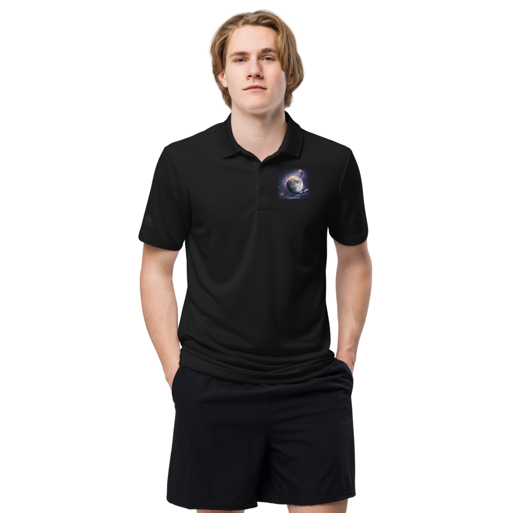 Black unisex Adidas Premium Polo Shirt with collar and short sleeves, featuring the GQ3114 style logo.