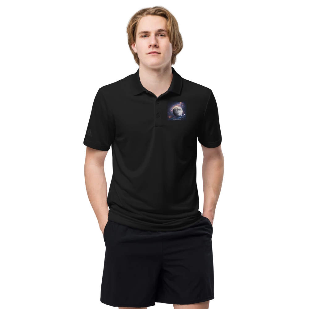 Black unisex Adidas Premium Polo Shirt with classic collar and short sleeves, shown in size 2XL.