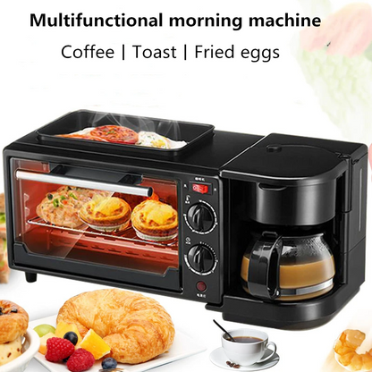 Black 3-in-1 breakfast machine with coffee maker and toaster from BACKUPMYFILESNOW.COM®, featuring a compact, multi-function kitchen appliance.