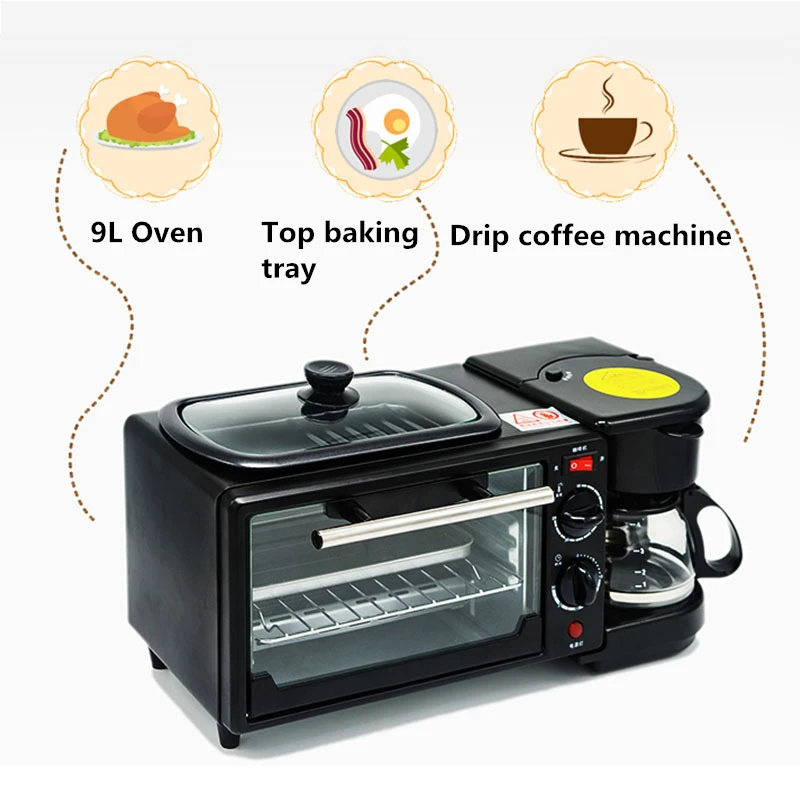 Black 3-in-1 breakfast machine with coffee maker and toaster from BACKUPMYFILESNOW.COM®, showing the appliance's compact design.
