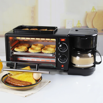 Black 3-in-1 breakfast machine with coffee maker and toaster, compact kitchen appliance from BACKUPMYFILESNOW.COM®.