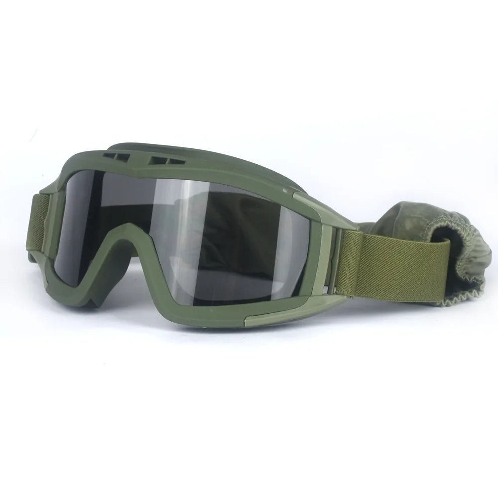 Black 2026 Airsoft tactical goggles with three lenses, windproof and dustproof, for shooting, motocross, and mountaineering safety.