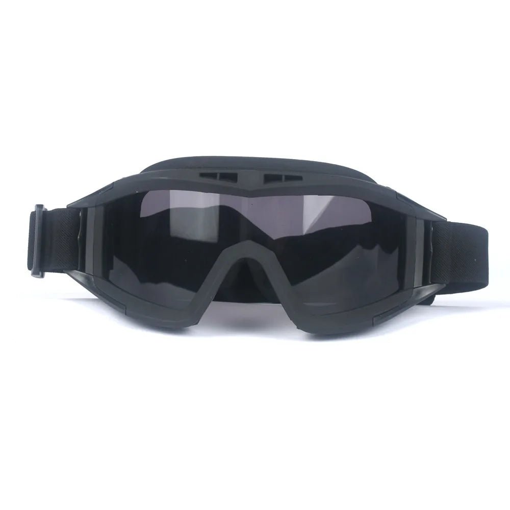 Black 2026 Airsoft tactical goggles with three lenses, windproof and dustproof design for shooting, motocross, and mountaineering safety.